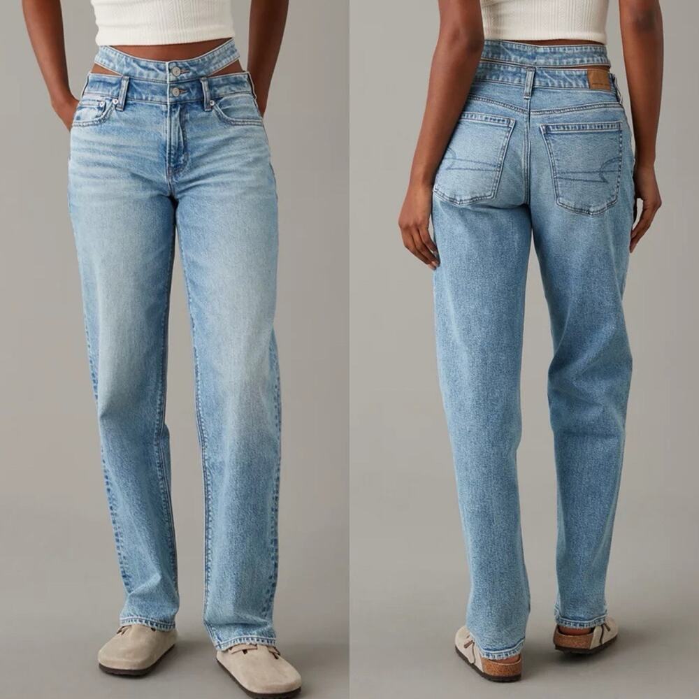 AMERICAN EAGLE Strigid Super High-Waisted Baggy Straight Cut-Out Jeans 4 Short